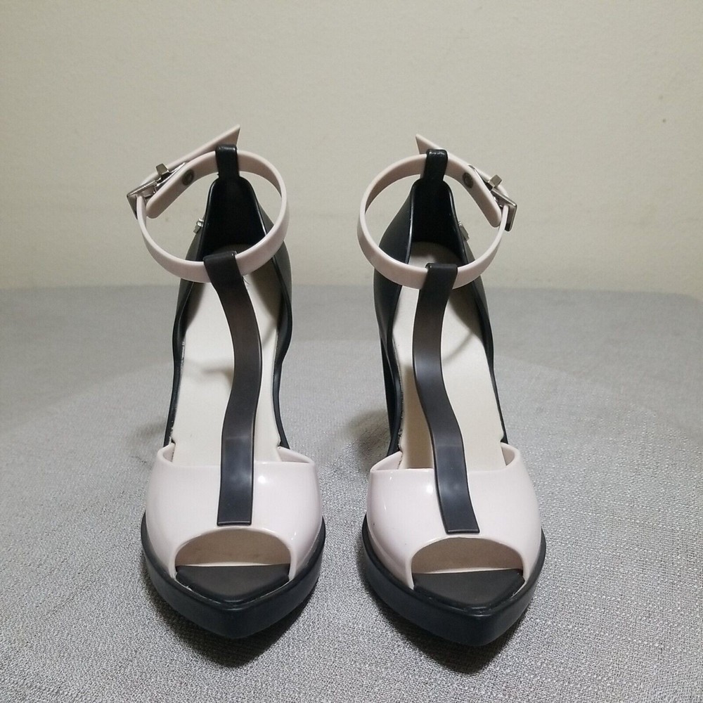 Melissa High Heel Platform Rubber Sandals Size 7 Cream Black Ankle Strap